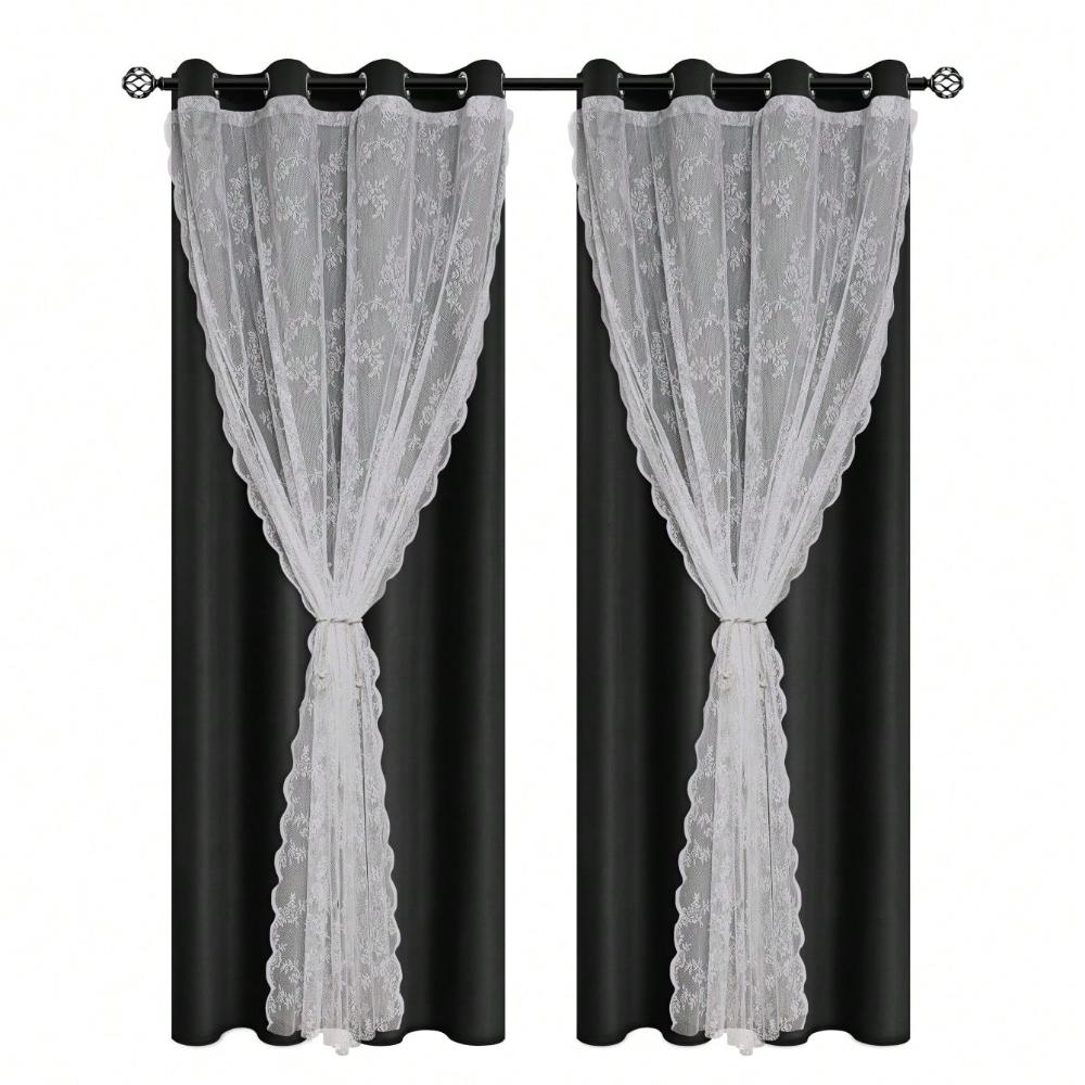 

1 шт. Современные однотонные двухслойные шторы с завязкой, полностью затемняющие перфорированные шторы, подходят для различных комнат 100X130CM 1PC&Grommet Top чёрный