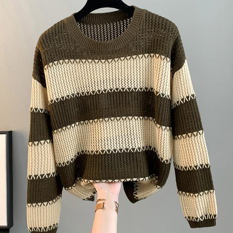 

Женские свитера, пуловеры 2025 Осень-Зима Длинный рукав О-образный вырез Черный полосатый вязаный свитер Женские топы, пуловер JJ74 One Size кофейный