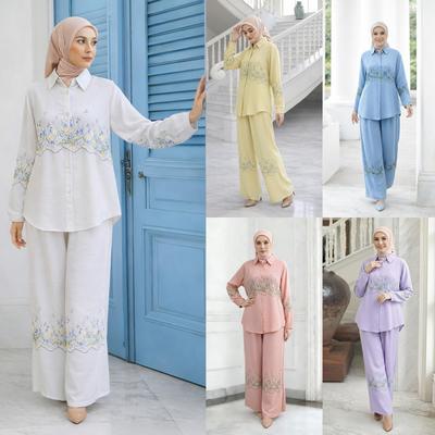 M375# Printed Lapel Long Sleeve Shirt & Pants Set for Middle Eastern Muslim Women, Malaysia