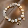 Cat's Eye Stone & Pearl Beaded Bracelet with Four-Leaf Clover & Petal Accents - Elastic Cord for Women