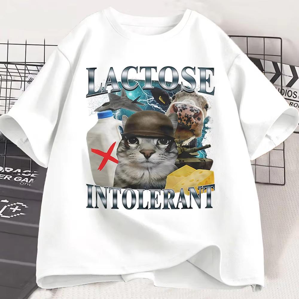 2026 HOT SALE Lactose Intolerant Funny Cat Meme T-Shirt Men Women Retro Fashion Short Sleeve T-shirts Cotton Casual Cozy Oversized T Shirts Tee Top