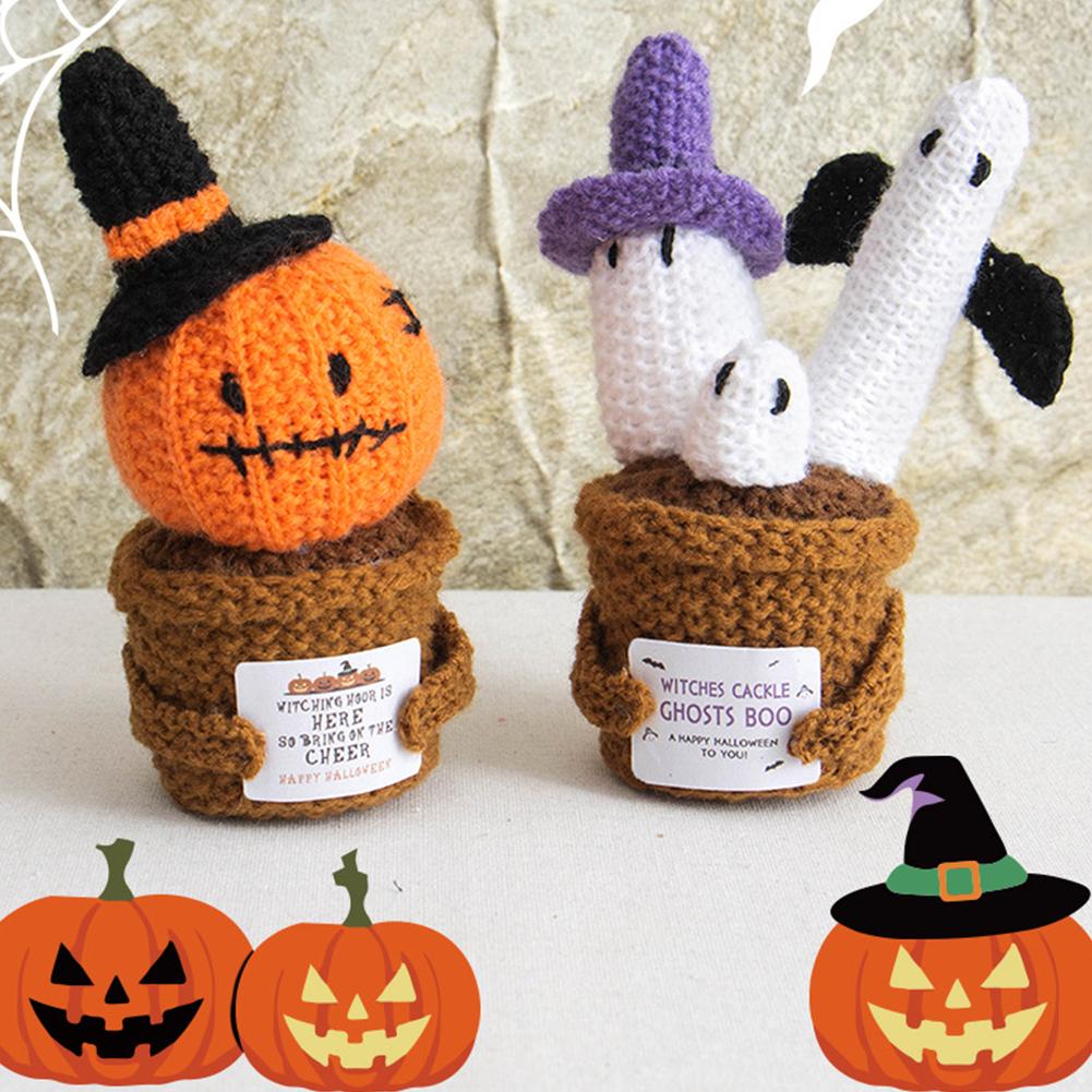 Halloween Knitted Wool Ornaments with Card Crochet Potted Card Doll Handwoven Dolls Figurines for Desktop Home Decoration