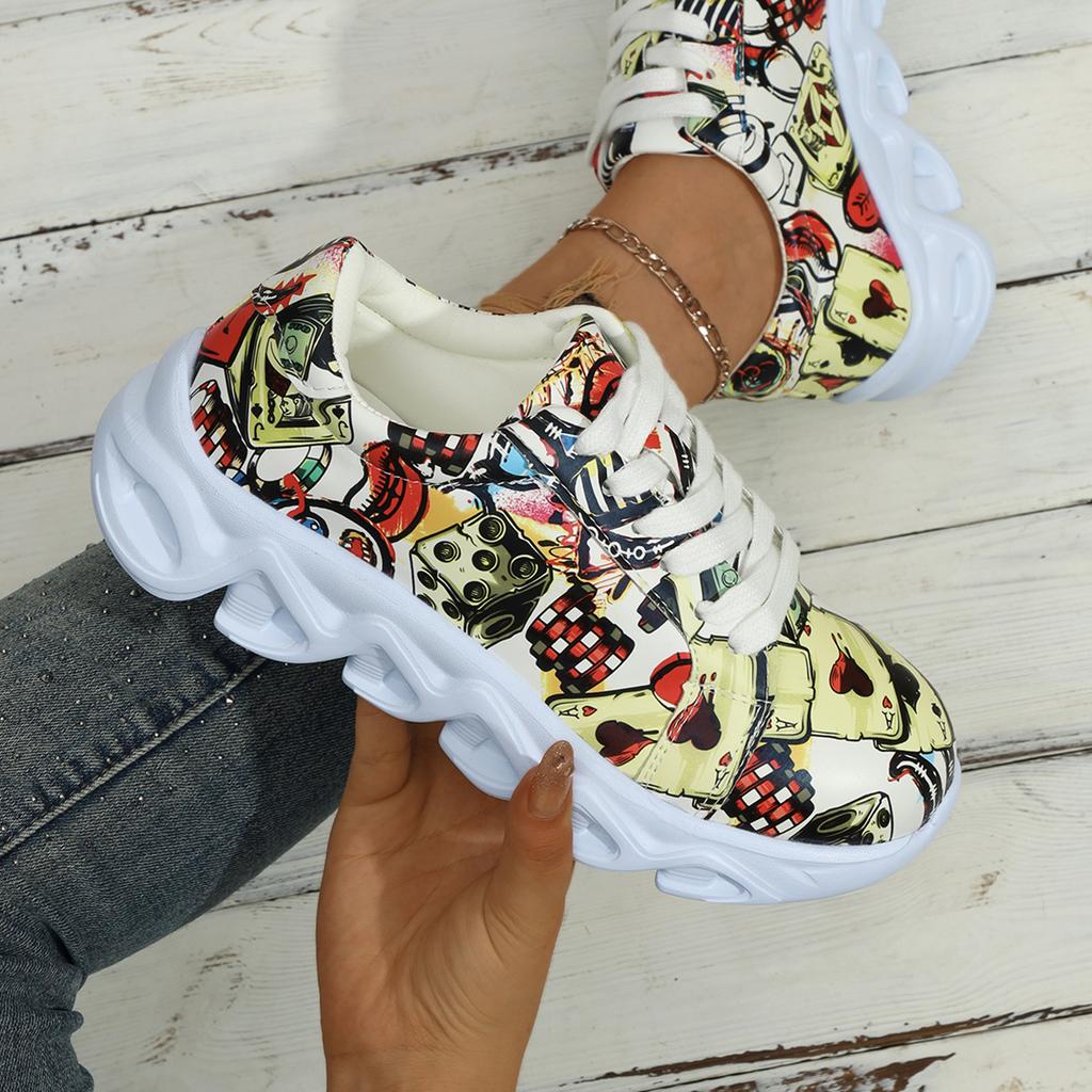 Zapatillas planas de moda para mujer 2024 Primavera y Otoño Nueva Moda Estampado Aleatorio Cómodas para Caminar con Cordones Zapatos Casuales Talla Grande