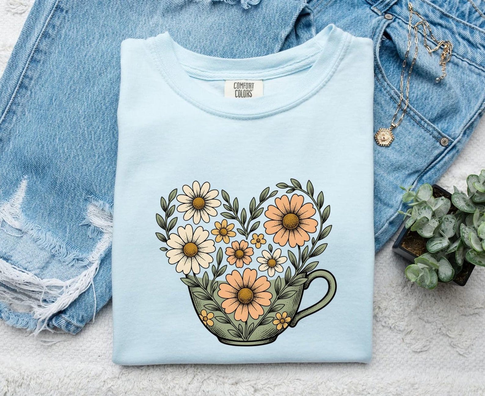 Flower Teacup Shirt St. Valentine s Day Bouquet Gift Women Garden Tee Teacup T-Shirt Valentine Fan Floral Tshirt Floral Graphic Retro L