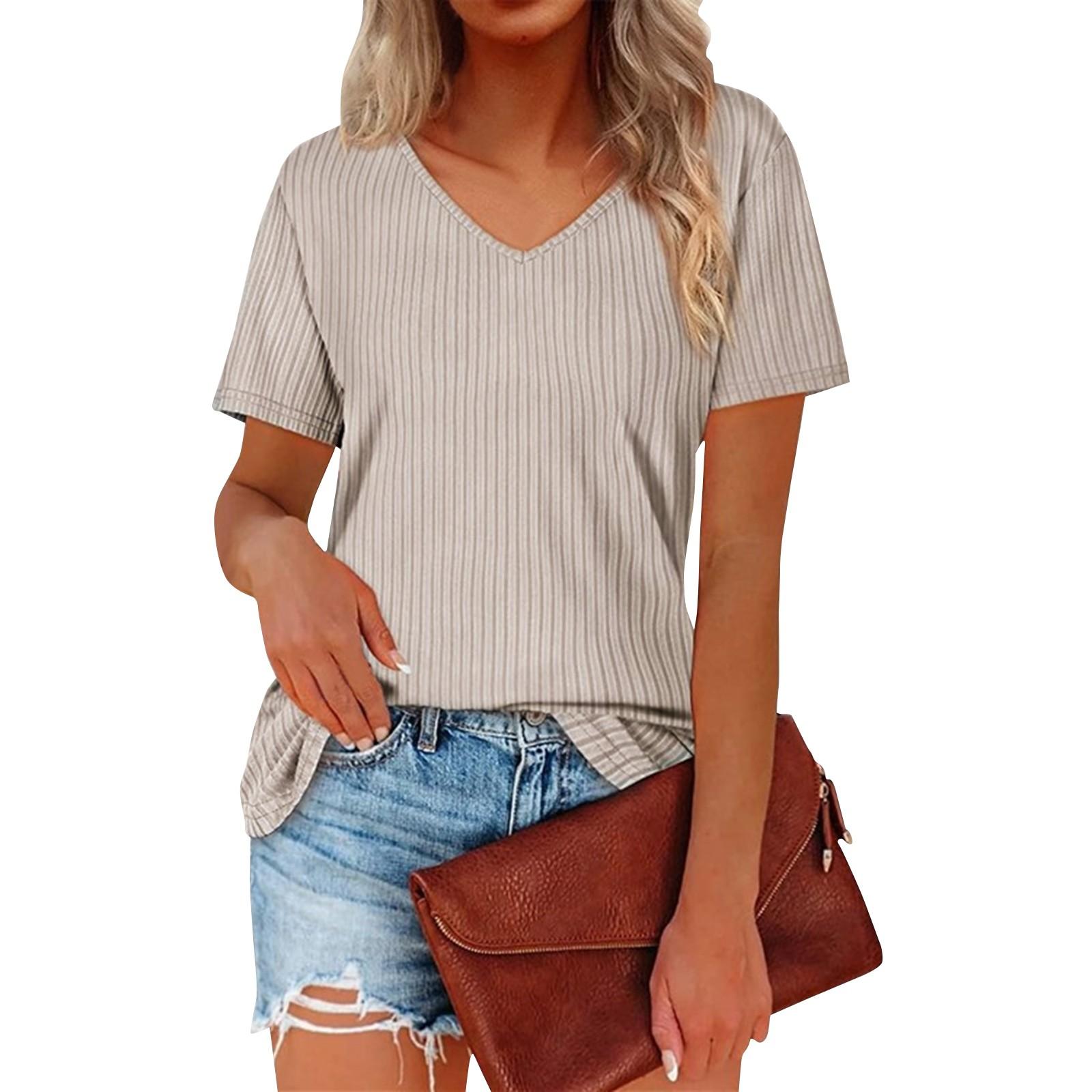 

Женская футболка с v-образным вырезом в полоску и короткими рукавами Женский топ L бежевый