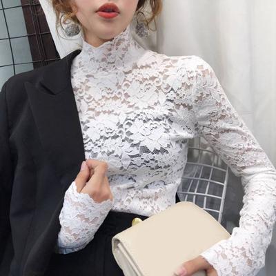 Turtleneck pulóver blúz Stílusos egyszínű rugalmas horgolt üreges virágos csipke felső