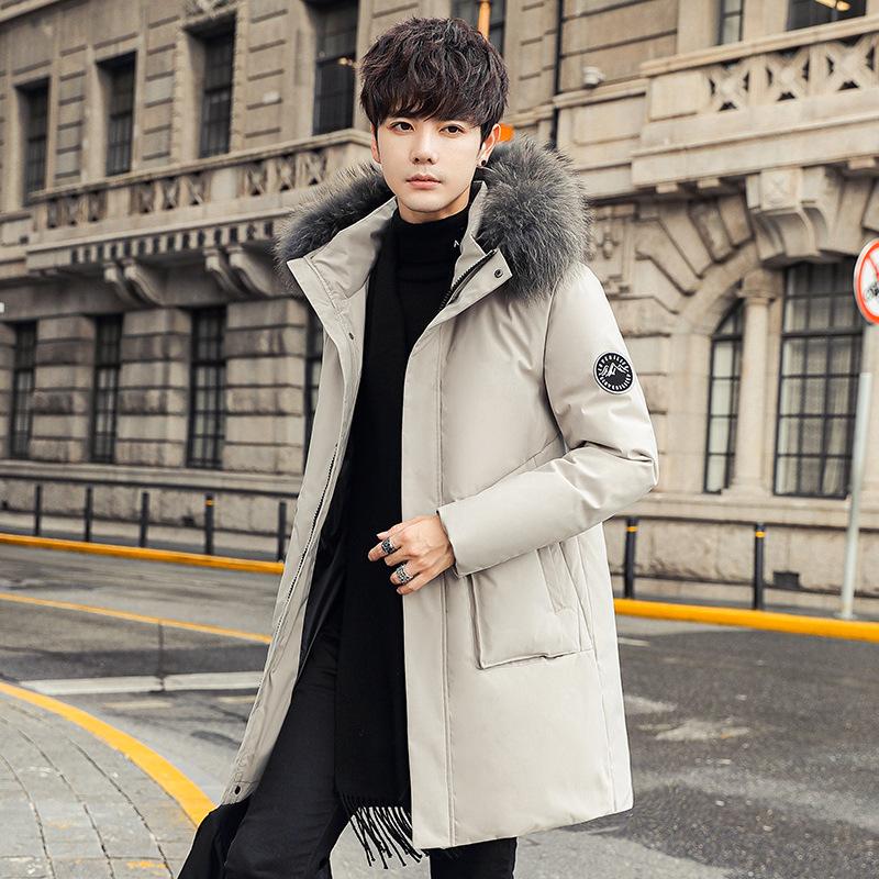 Hooded Down Jacket Men's Mid-length White Duck Down Fashion Trend Thickened Warm Winter Jacket for Young and Middle-aged Men