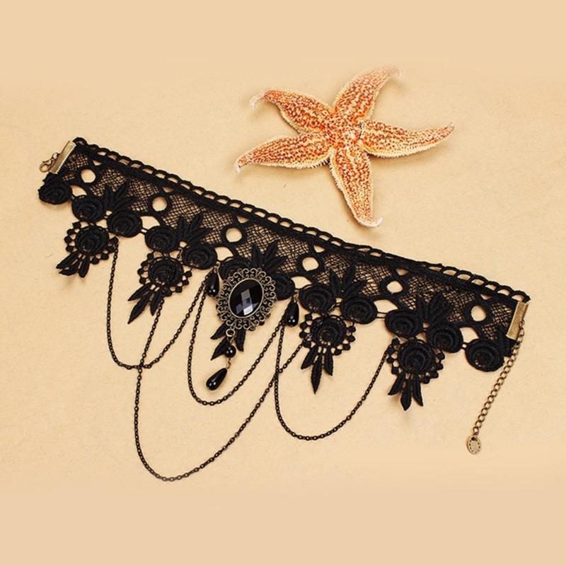 Black Choker Lace Necklace with Bracelet and Earrings Set Gothic Vintage Witch Jewelry for Halloween Costume Wedding