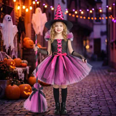 Conjunto de Disfraz de Bruja para Niñas Halloween Disfraz de Princesa con Malla y Tul con Sombrero de Bruja Guantes y Escoba para Actuación de Festival