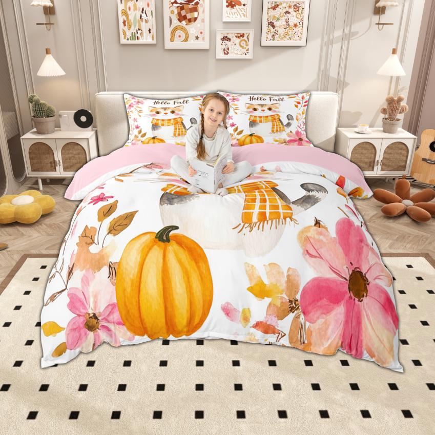 Homewish Watercolor Pumpkin Duvet Cover Set, Hello Fall Bedding Set, Thanksgiving Day Comforter Cover Set