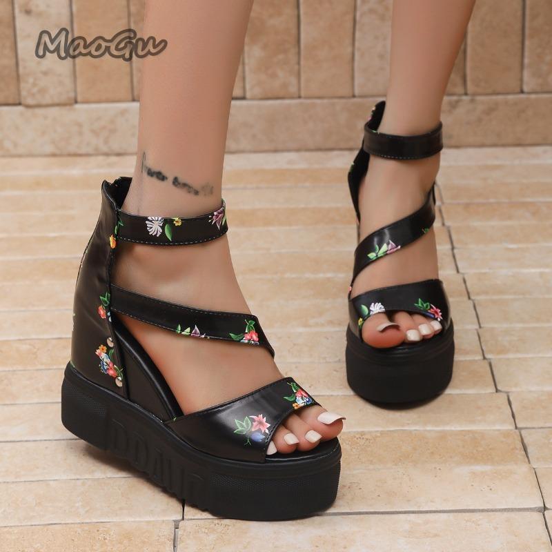 Fashion Floral Print Women Platform Sandals Black White PU Leather Women's Fish Mouth Back Zip Summer Footwear Sandalias De Mujer Size35