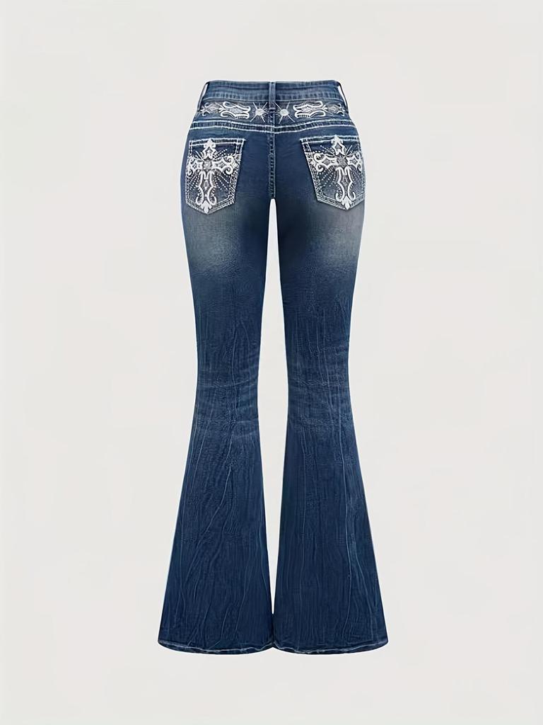 Jeans a zampa da donna con strass e tasche ricamate per tutte le stagioni
