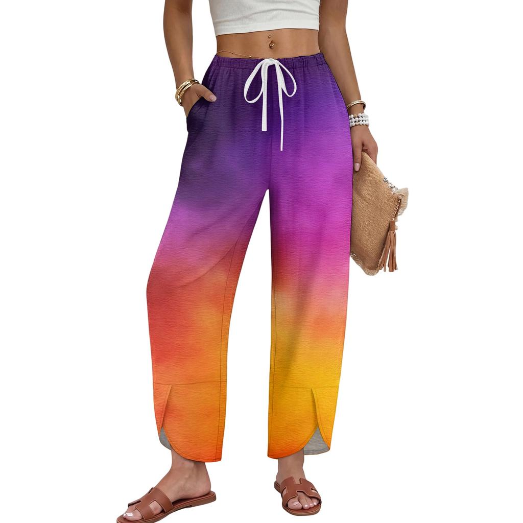 Women Casual Straight Leg Loose Fit Drawstring Waist Tie Dye Gradient Print Wide Leg Pants Elastic Waistband Comfortable Fit