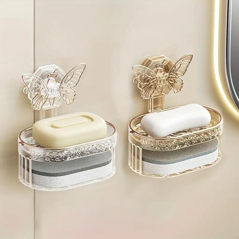 1PCS Punch-free Butterfly Suction Cup Soap Box Double-layer Soap Drain Storage Rack Kitchen and Bathroom Wall-mounted Soap Box
