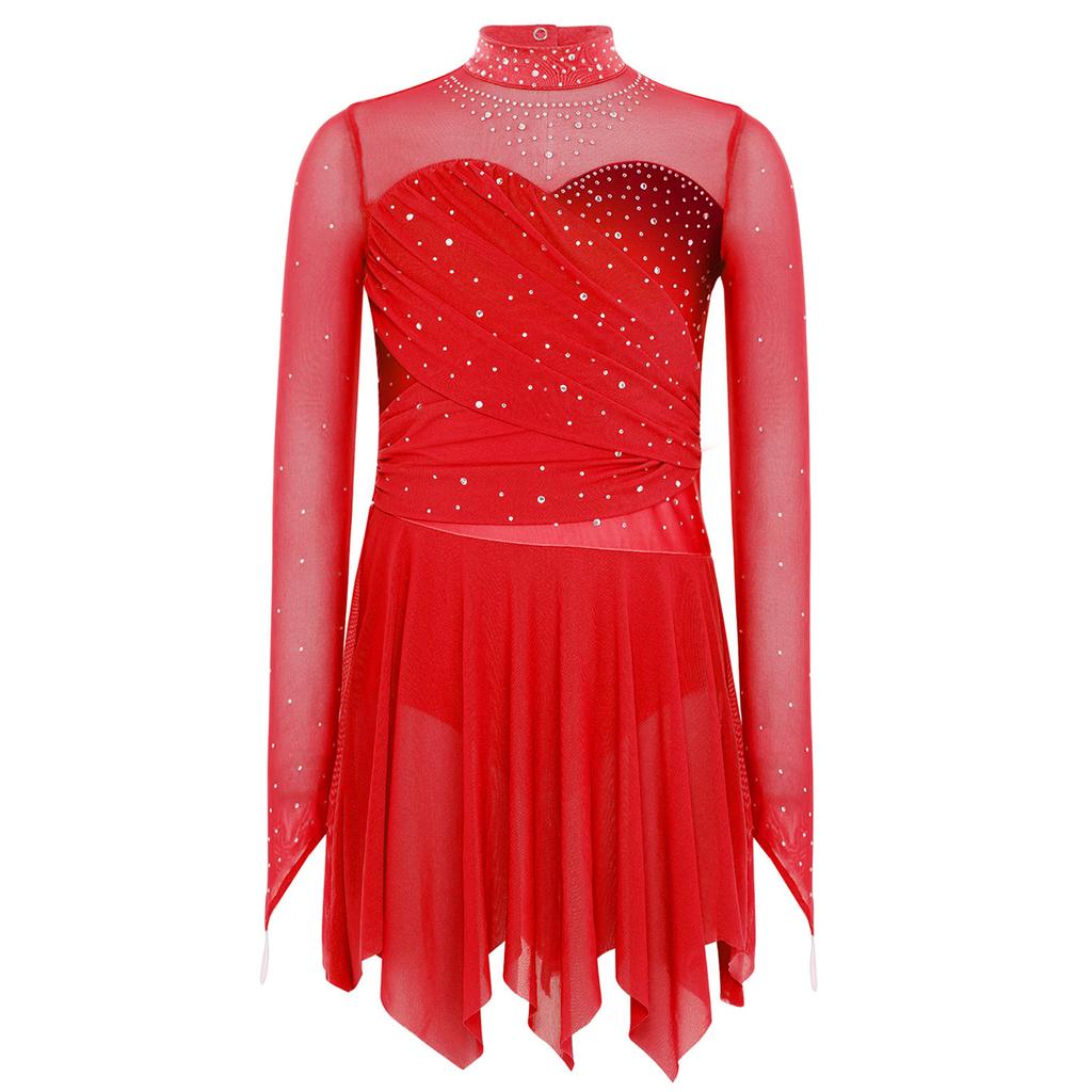 Girls Lyrical Dance Costume Mock Neck Long Sleeve Sparkly Rhinestones Mesh Dress