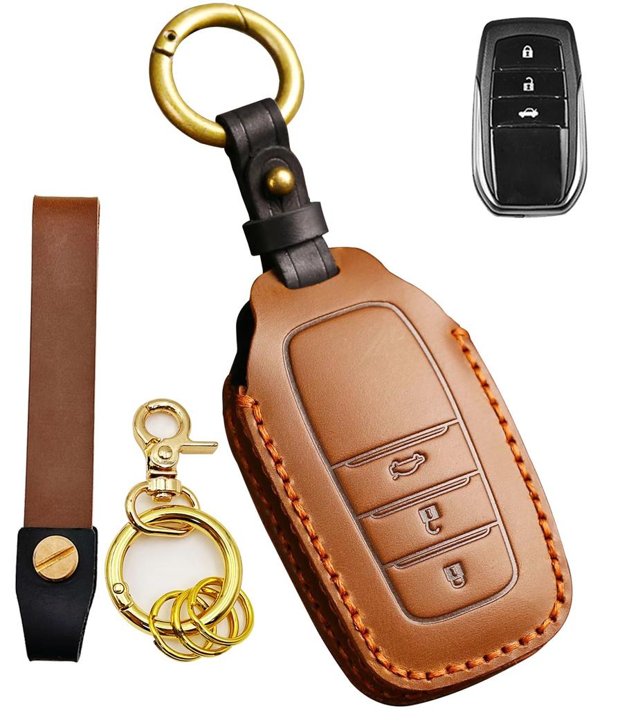 CigaMaTe Car Key Case, For Toyota, Genuine Leather, 3 Buttons, Scratch Resistant, Break-Resistant, Waterproof,