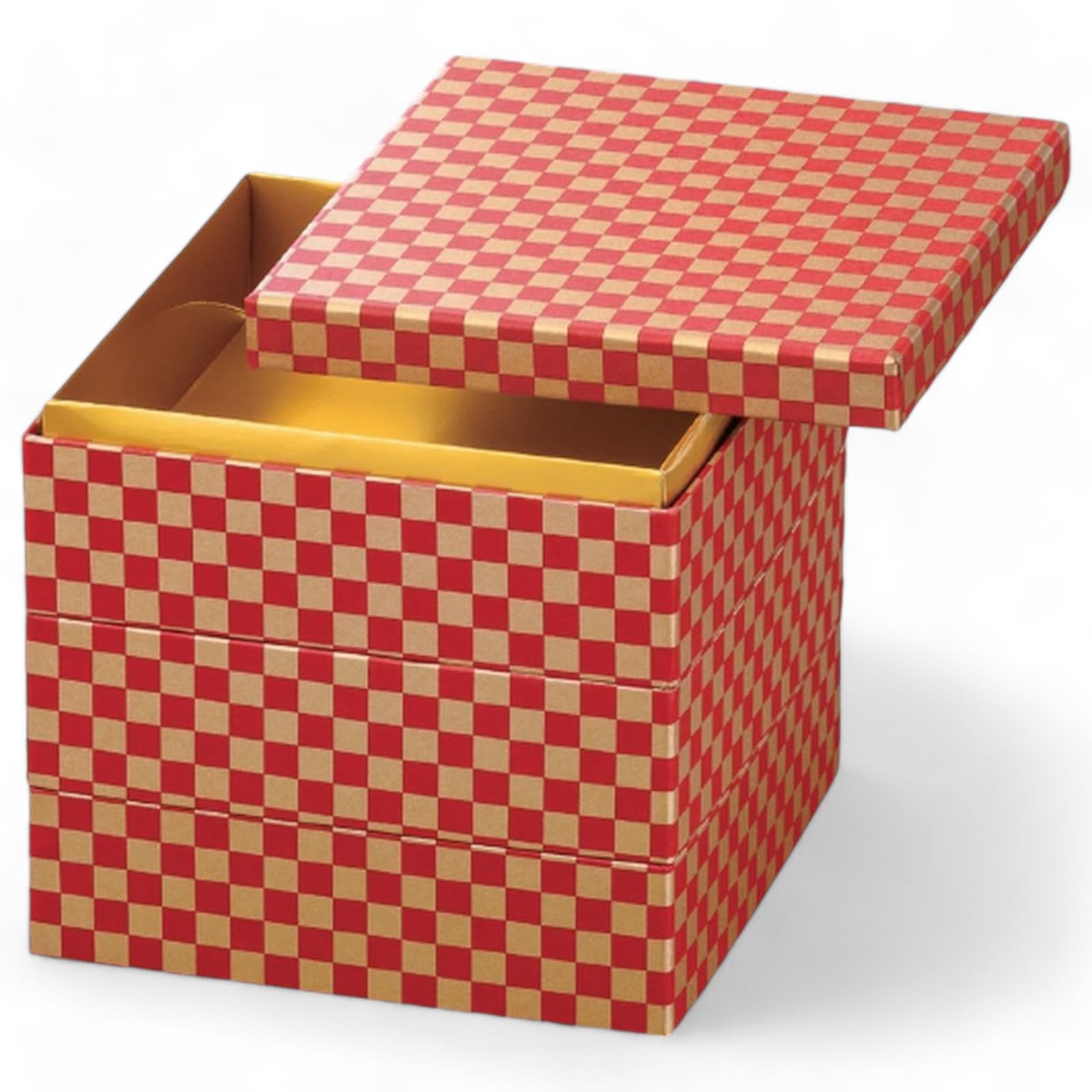 

J-kitchens Lacquerware 3-Tiered Jubako Box, 6-inch, Washi Paper, Red and Gold Checkered Pattern, 19.0cm, Made in Japan