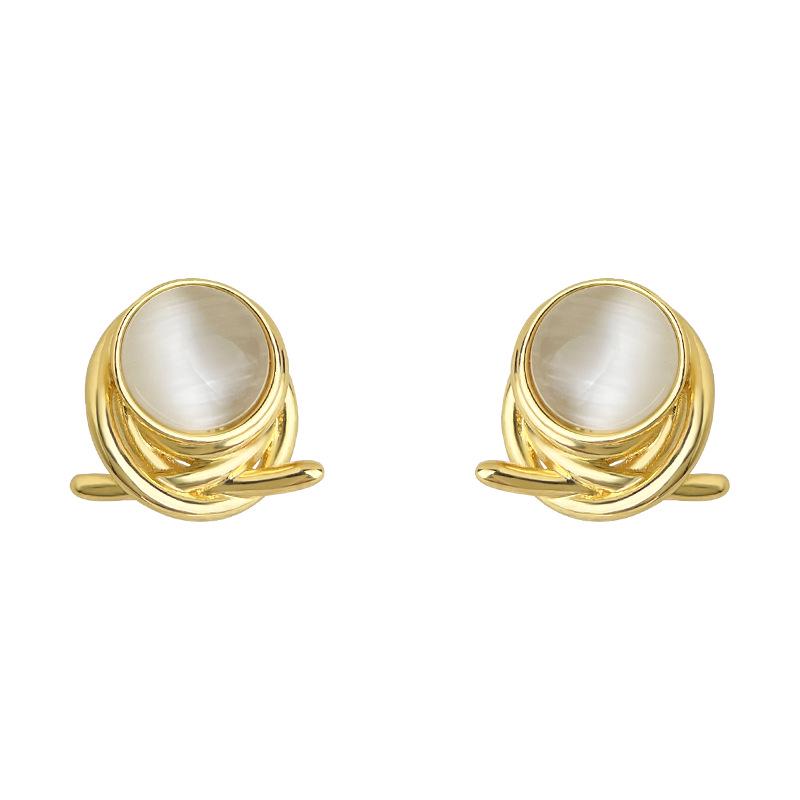 18k Gold Geometric Cat's Eye Stone Stud Earrings - French Light Luxury Style