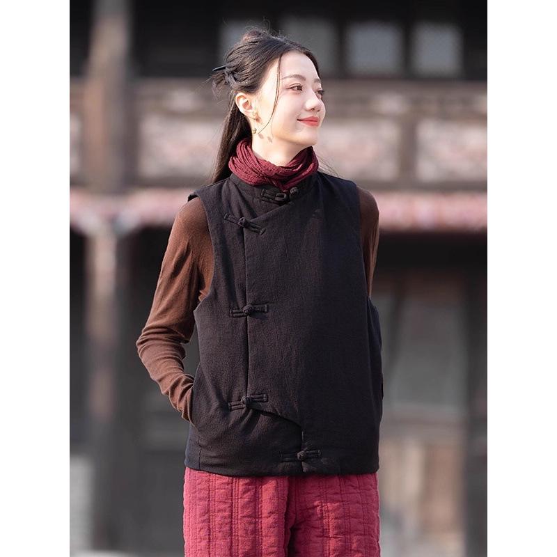 Women's 2025 Winter Ethnic Style Retro Cotton Vest with Stand Collar and Handmade Frog Buttons