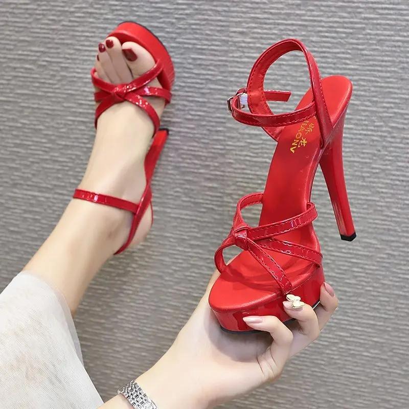 Brand High Heels Platform women Shoes Sandals 2024 Summer  Ankle Buckle Strap Open Toe Leather Roman Mujer Zapatos Big Size