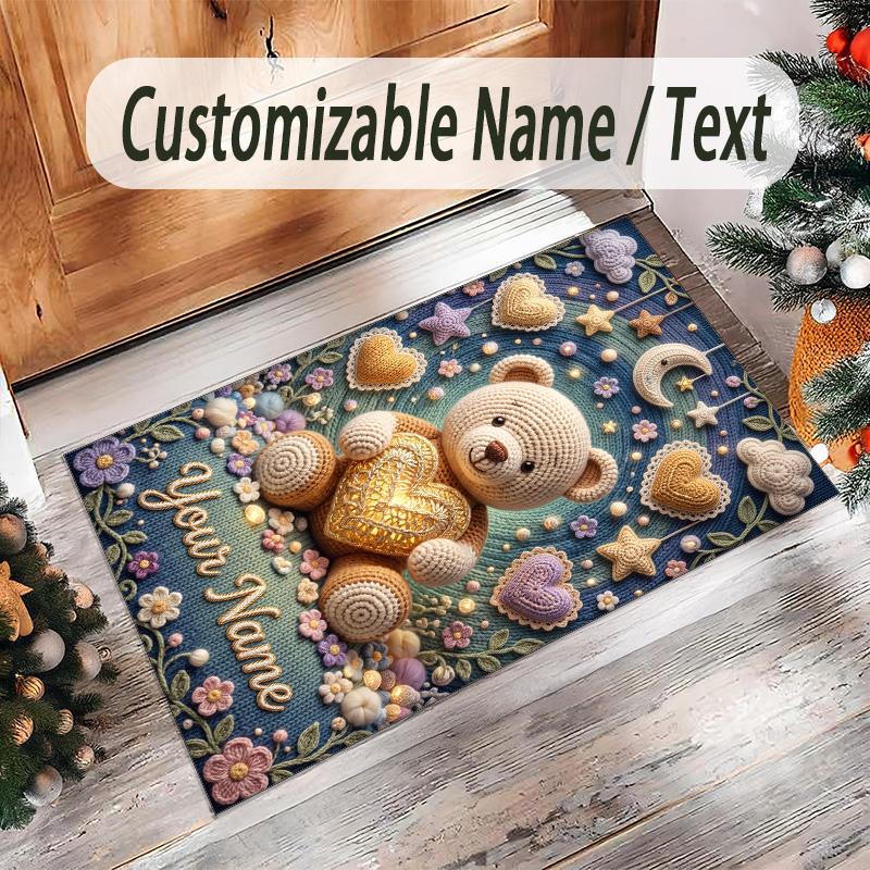 Teddy Bear Theme Crystal Velvet Rug Personalized Custom Name Text Soft Floor Mat Home Decor