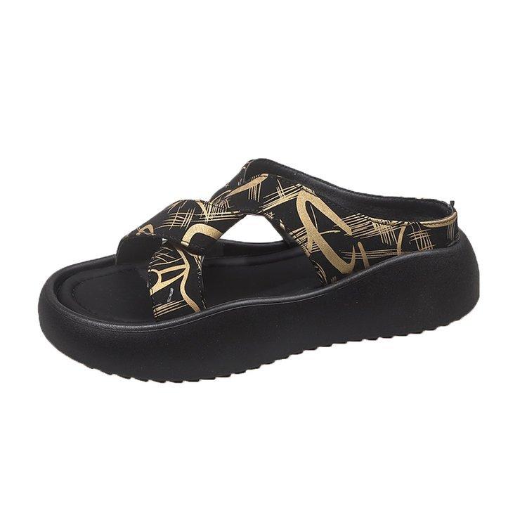 

Тапочки Muffin с толстой подошвой, классные, женская летняя одежда 2025 года, новый национальный стиль с вышивкой на юбке, повседневные, пляжные, одно слово, перетаскивание 40 золотой