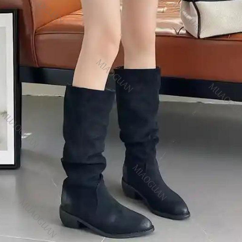 Fashion Women's Boots Stacked Pleated Temperament Middle Heeled Women Shoe Fashion Autumn Solid Color Long Tube Female High Knight Botas