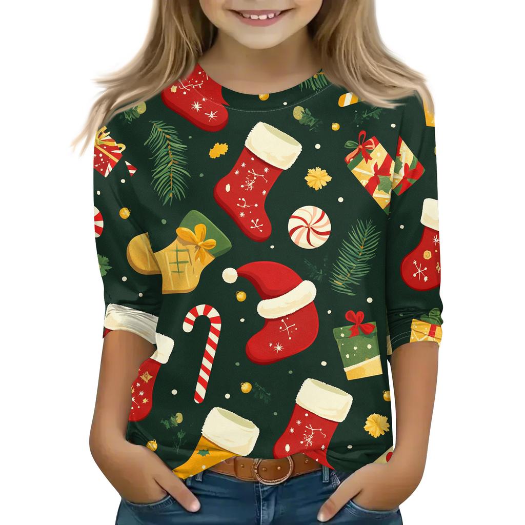 Christmas Day Print Tops For Youth Girls 5-16 Years Round Neck 3/4 Sleeves T-Shirts Trendy Tops Outfit Tees