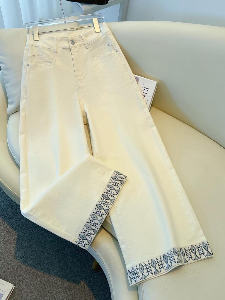 Women's 2026 Spring/Autumn High-Waisted Wide-Leg Denim Jeans - Printed, Washed Cotton, Slim Fit.
