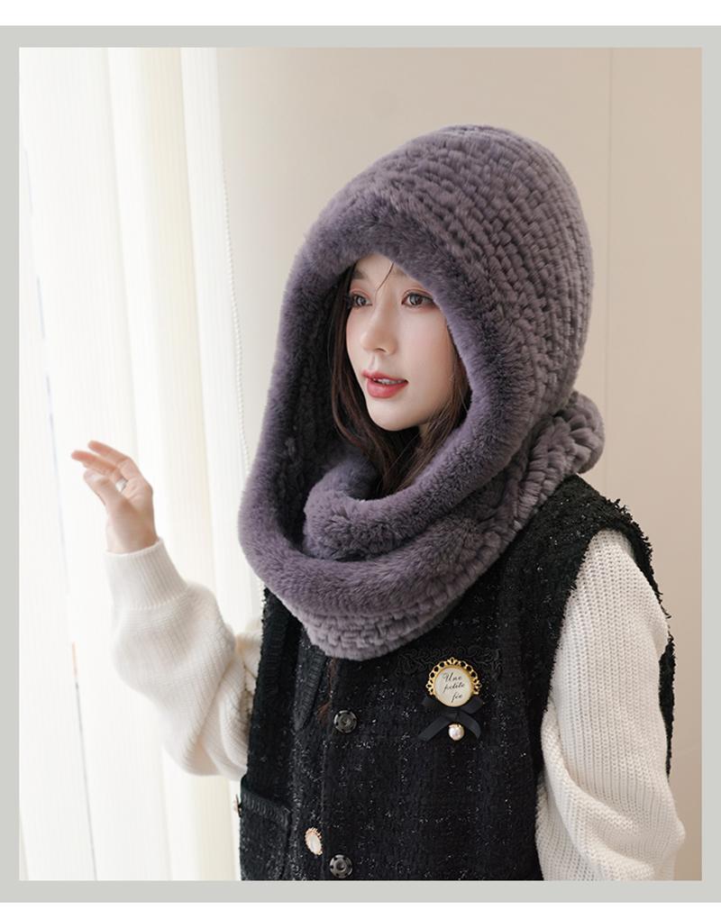 Hot Sale New Women Real Knitted Rex Rabbit Fur Hat Hooded Scarf Long Winter Warm Fur Hat With Neck Collar Scarves Hat Scarf