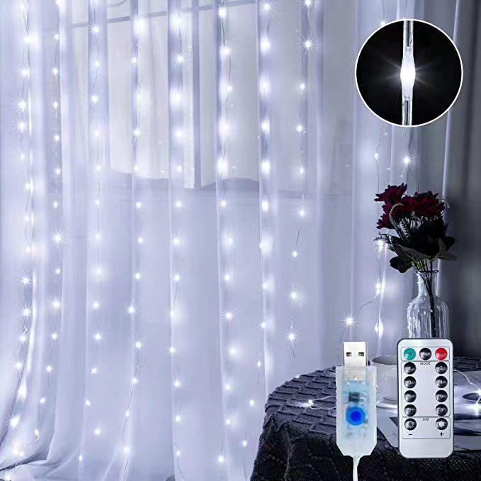 300 LED Copper Wire Curtain Lights, 3x3m, USB, with Eight-Function Remote for Outdoor Waterproof Christmas Decoration