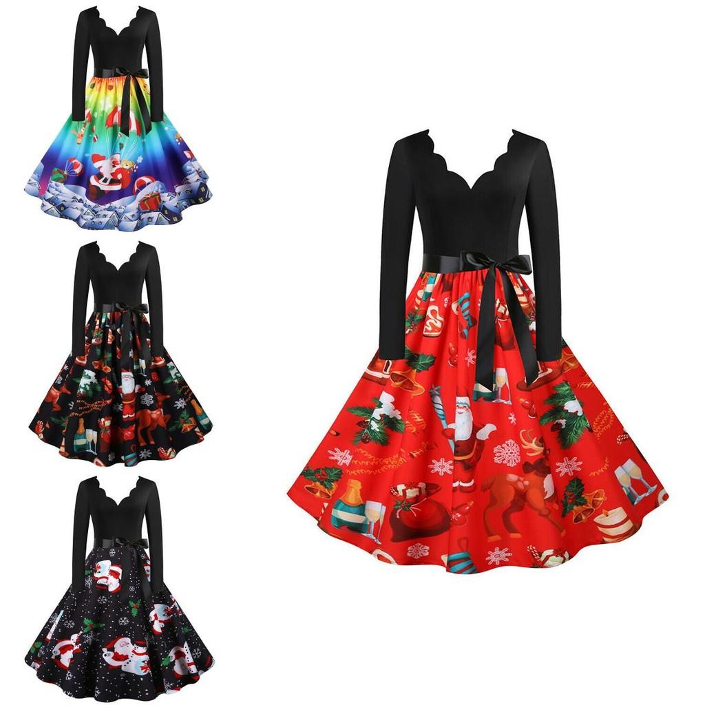 Elegant Santa Claus Print V Neck Christmas Dress For Women In Festive Red And Black