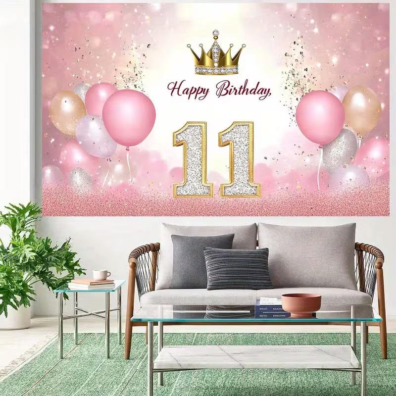 2D Happy 11th Birthday Backdrop Pink Gold Glitter Balloon Banner
