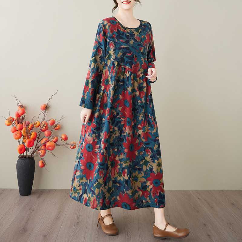 Frühling und Sommer Neuer Stil Retro Baumwolle und Hanf Rundhals Tasche Langarmkleid Damen Locker Dünn A-Linien-Rock