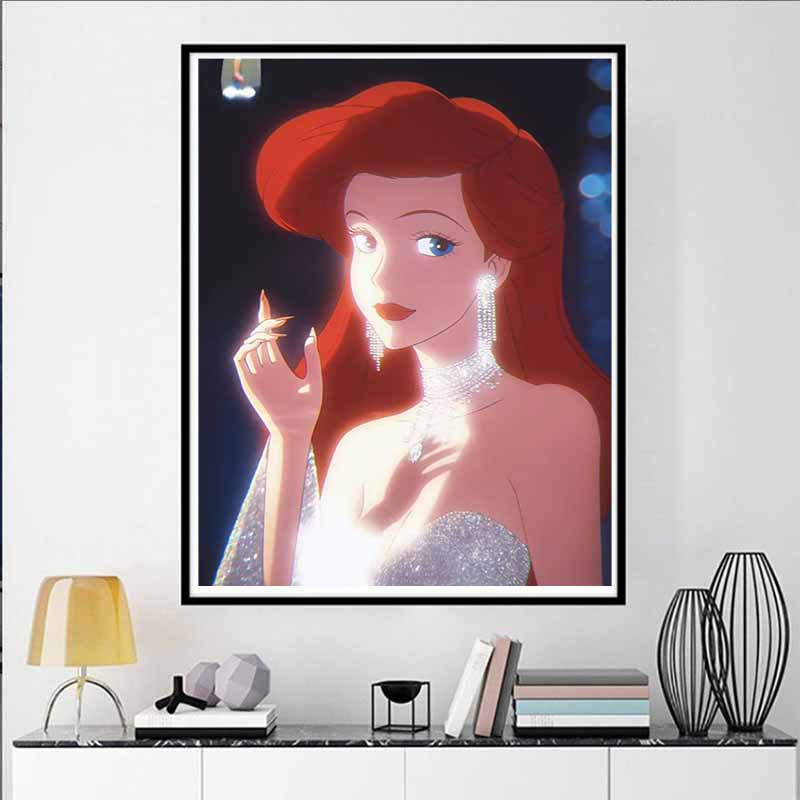 Disney 5D DIY Diamond Painting: Ariels Iconic Features Illustration Cartoon Full Diamond Mosaic Art Wall Decoration Set