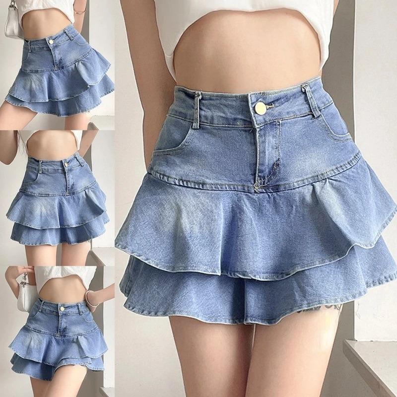 Vintage Spodenki Jeansowe Spódniczki Damskie Lato 2026 Streetwear Spierane Kawaii Urocze Seksowne Falbanki Mini Jeansowe Saias Damskie