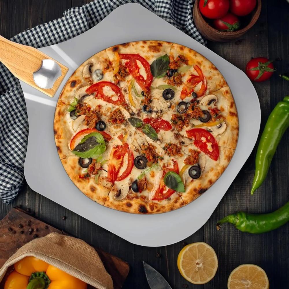Pizza Shovel and Pizza Cutter Metal Non-Stick Pizza Peel with Wood Handle Cake Lifter Transfer Tray for Homemade Baking Bread