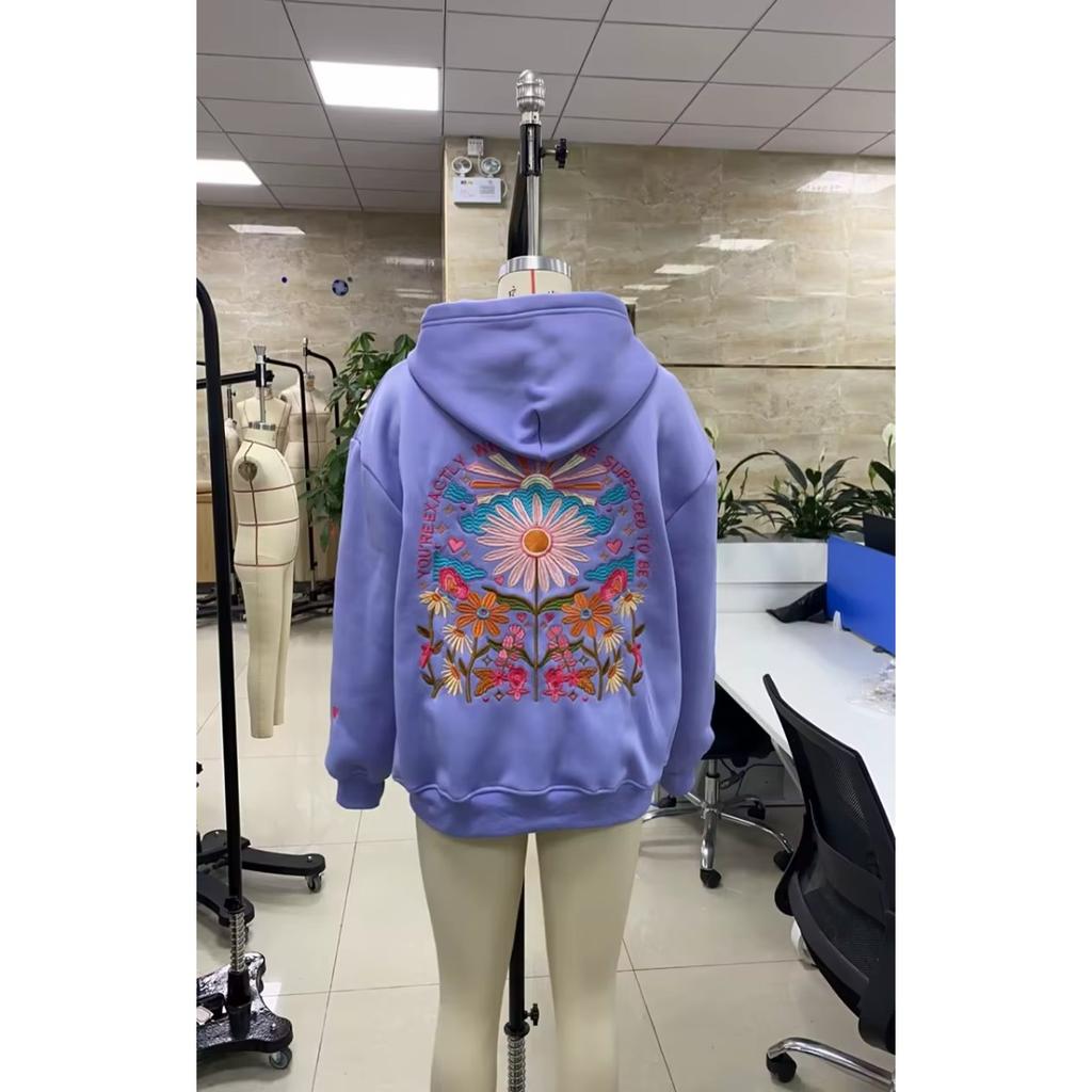 STREETRICH Women's Y2K Floral Letter Embroidered Hooded Pullover Cozy Stylish Long Sleeve Loose Sweatshirts with Kangaroo Pocket