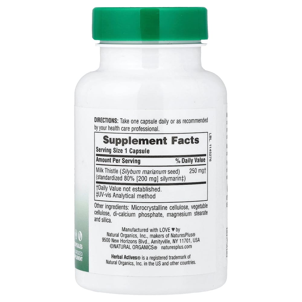 Nature's Plus Herbal Active Milk Thistle 250mg Vegetable Capsules, 60 Count
