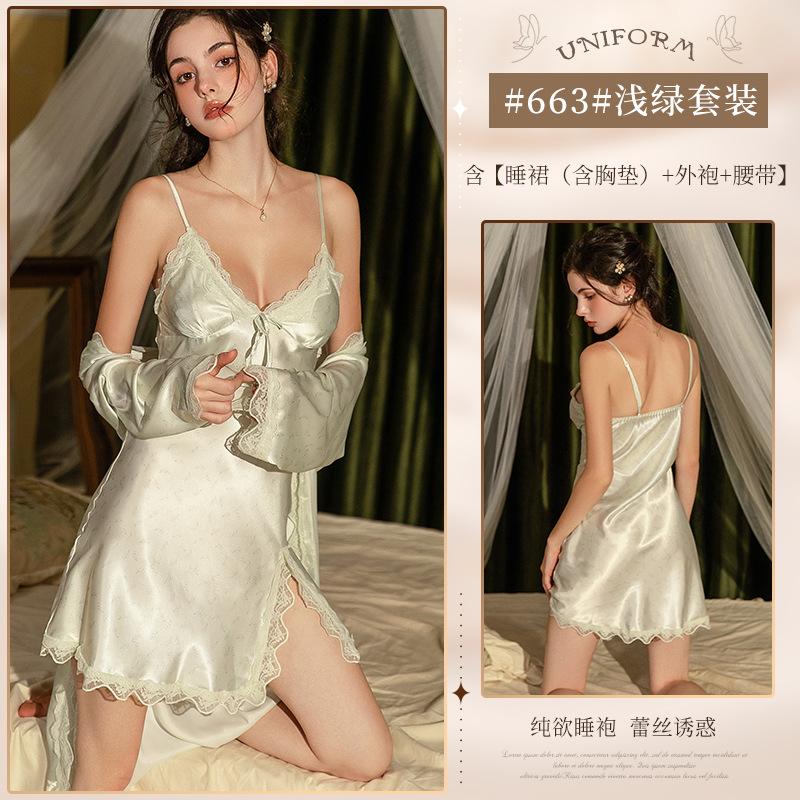 Sexy women's pajamas premium pure lace suspender nightdress with chest pad long-sleeved loungewear set