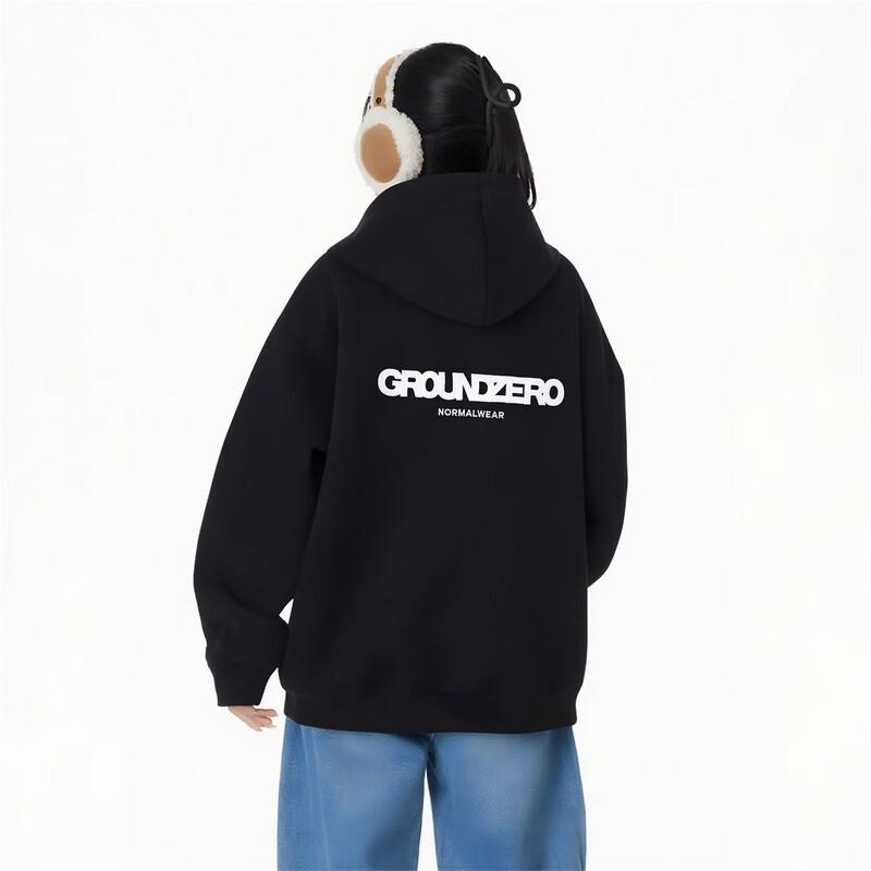 GROUND ZERO Unisex Embroidered Two-Way Zip Hooded Sweatshirt