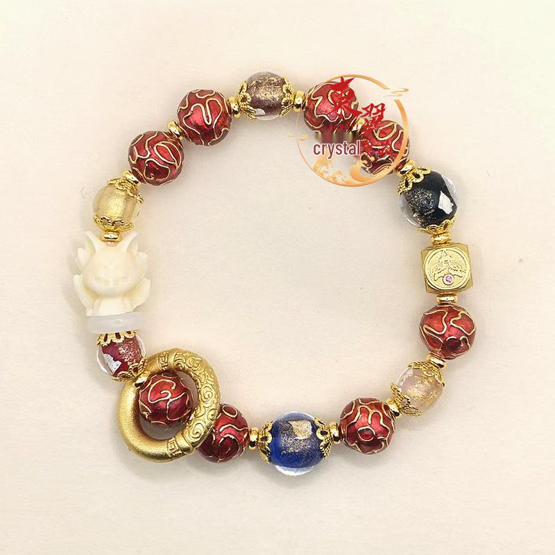 Pink Cloisonné Nine-tailed Fox Bracelet with Gold Leaf and Enamel Beads