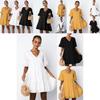 Elegant Women V-neck Plain Smock Dress With Loose Fit And Short Sleeve Design