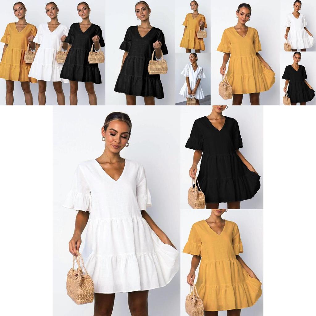 Elegant Women V-neck Plain Smock Dress With Loose Fit And Short Sleeve Design