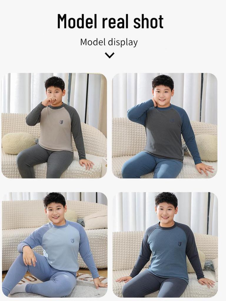 Cozy Kids' Patchwork Thermal Set: Antibacterial Boys' & Girls' Underwear and Pajamas for Autumn & Winter