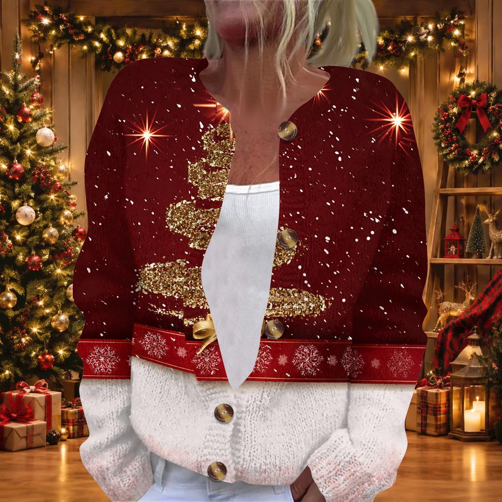 Women's Casual Stylish Christmas Print Long Sleeve Button Down Knit Cardigan