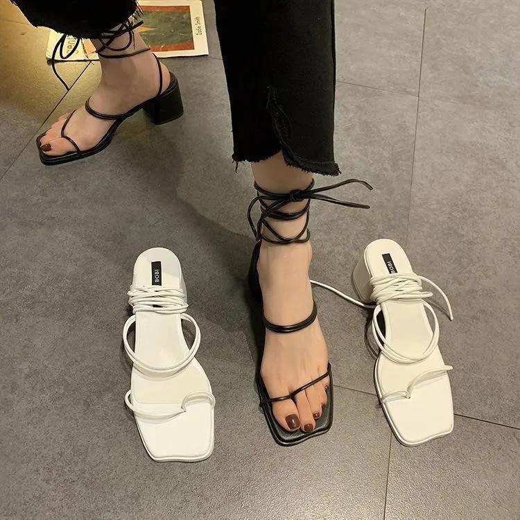 Women's Fashion Sandals 2025square Head Cross Straps Clip Toes Soft Bottom Roman Shoes Non-slip Wear Fairy Hundred Women's Shoes