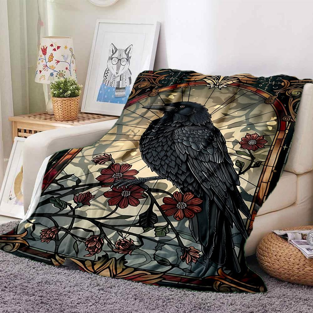 1pc Stained Glass Raven Blanket - Lightweight Flannel Fleece with Digital Printing, Soft Warm for Sofa, Travel, Camping, Office yy251018314