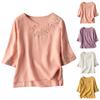 Damen Baumwolle Leinen Farbe 3/4 Ärmel Hemd Rundhals Locker Bluse Pullover Top