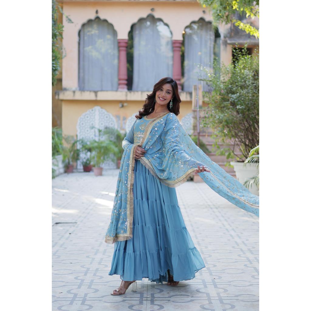 Desirable Women's Fully Flair Gown Made With Star Georgette Fabrics and Designer Embroidered Dupatta With Attractive Lace Border ,COLOUR:- 4